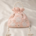 Women's Peach Embroidered Potli Bag with Pearl Handle-2