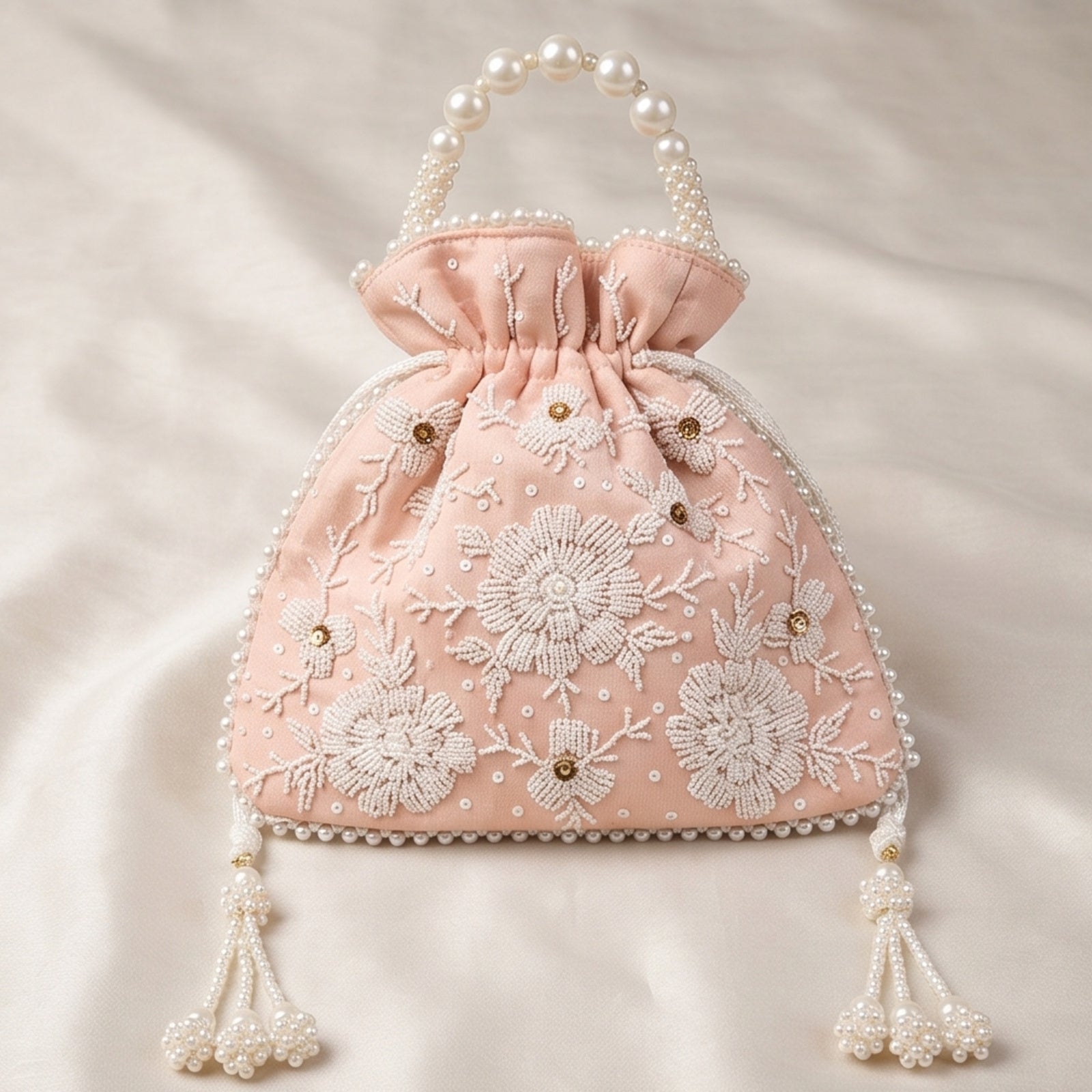 Women's Peach Embroidered Potli Bag with Pearl Handle-2