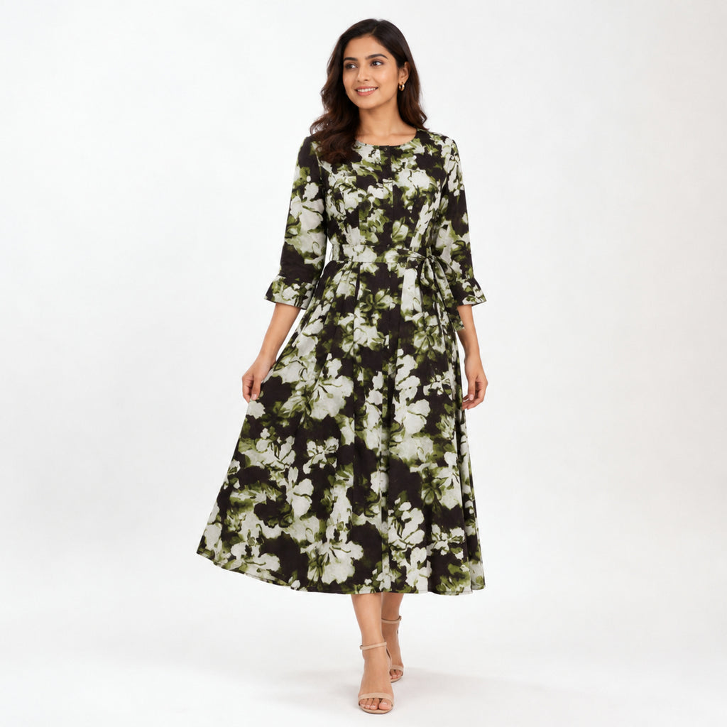 Women's Elegant Floral Print A-Line Midi Dress with Tie-Up Belt-1
