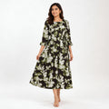 Women's Elegant Floral Print A-Line Midi Dress with Tie-Up Belt-1