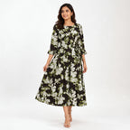Women's Elegant Floral Print A-Line Midi Dress with Tie-Up Belt-1