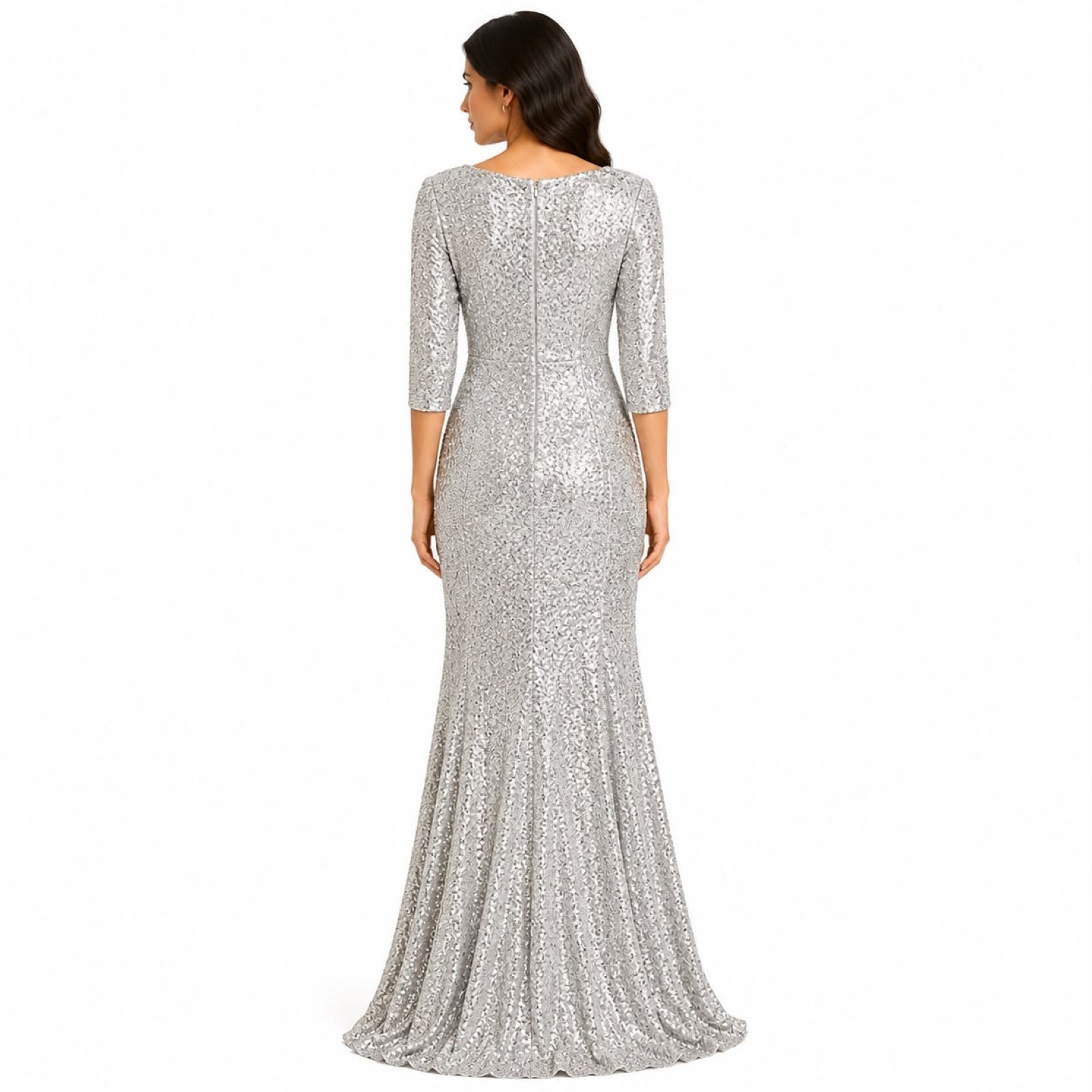 Women's Silver Embellished Mermaid Evening Gown with Draped Detail-2