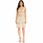 Women's Cream Embellished Fringe Party Dress with V-Neck Design-1