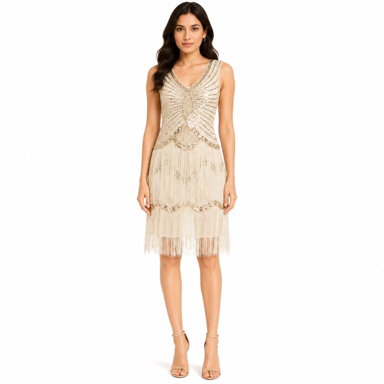 Women's Cream Embellished Fringe Party Dress with V-Neck Design-1