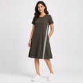 Women's Olive Green Casual A-Line Dress | Stylish Side Stripe Knee Length Everyday Comfort Dress-1