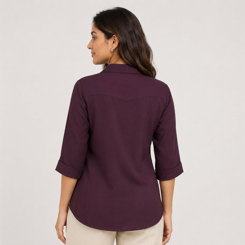 Women's Wine Solid Button-Down Shirt-4