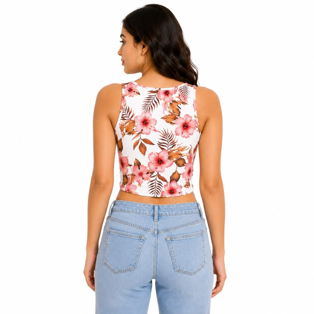 Women's Red Floral Handkerchief Hem Crop Top-4