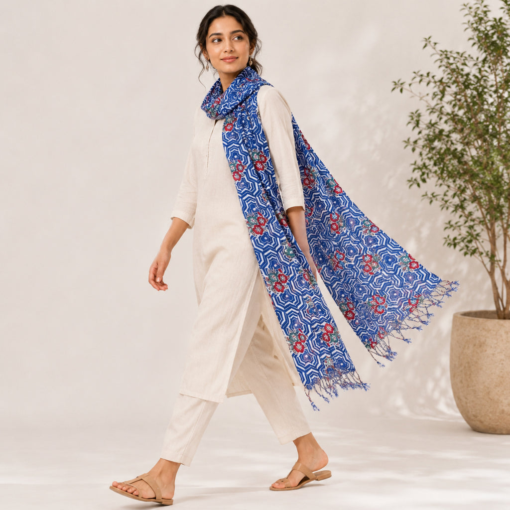 Women's Blue Geometric Printed Tassel Scarf-1