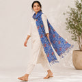 Women's Blue Geometric Printed Tassel Scarf-1