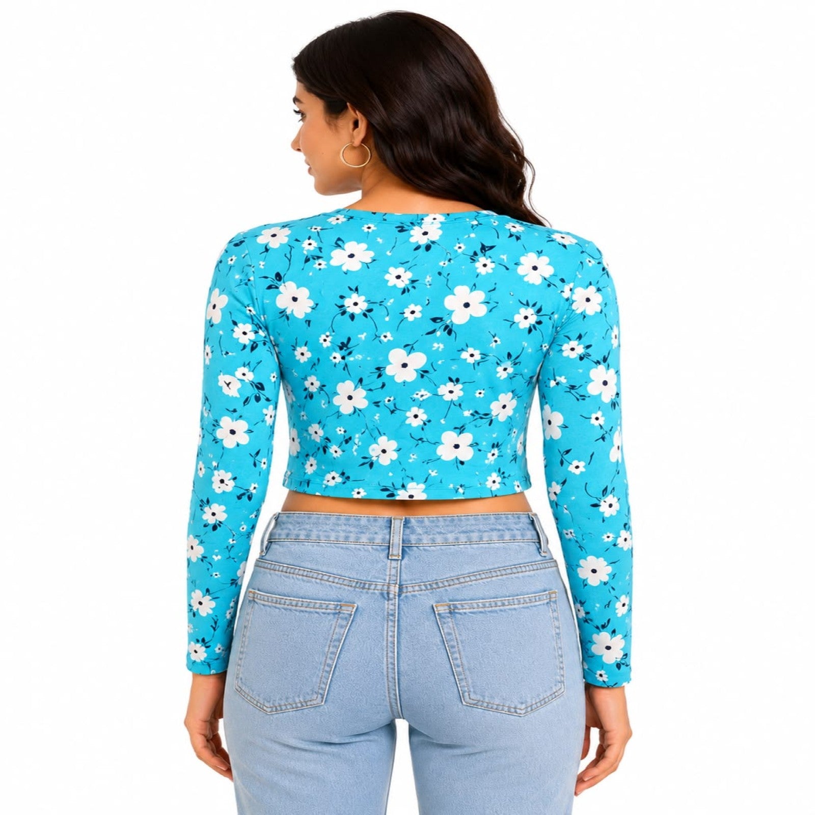 Women's Blue Floral Long Sleeve Crop Top-4