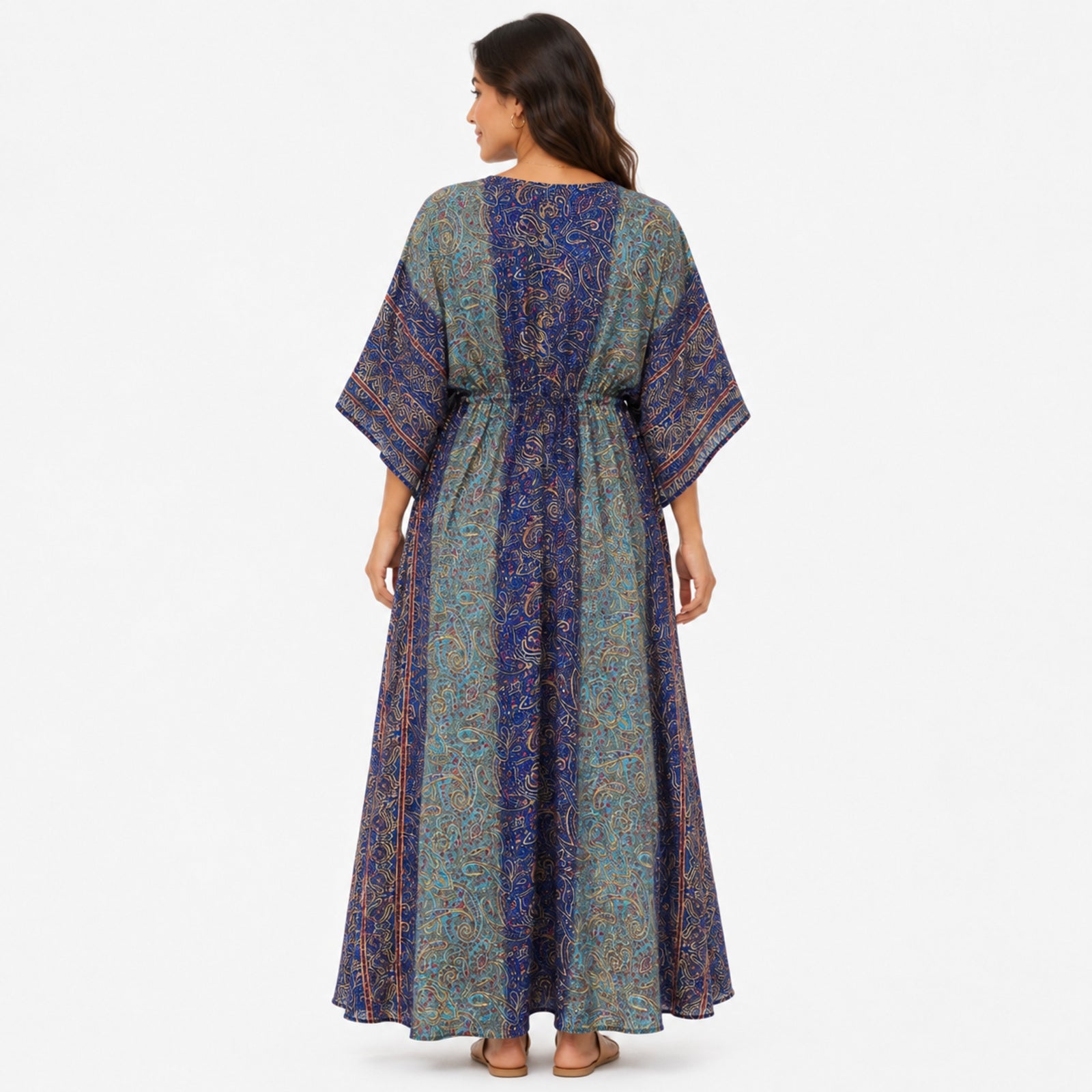 Women's Blue Paisley Print V-Neck Kaftan Maxi Dress | Flowy Resort Wear Dress-4