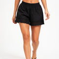 Women's Black Textured Lace Trim Relaxed Fit Drawstring Summer Shorts-1