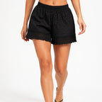 Women's Black Textured Lace Trim Relaxed Fit Drawstring Summer Shorts-1