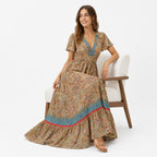 Women's Maroon Paisley Printed V-Neck Maxi Dress-2