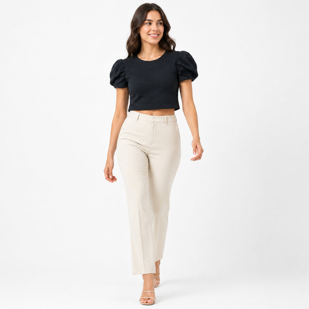 Women's Black Puff Sleeve Crop Top-2