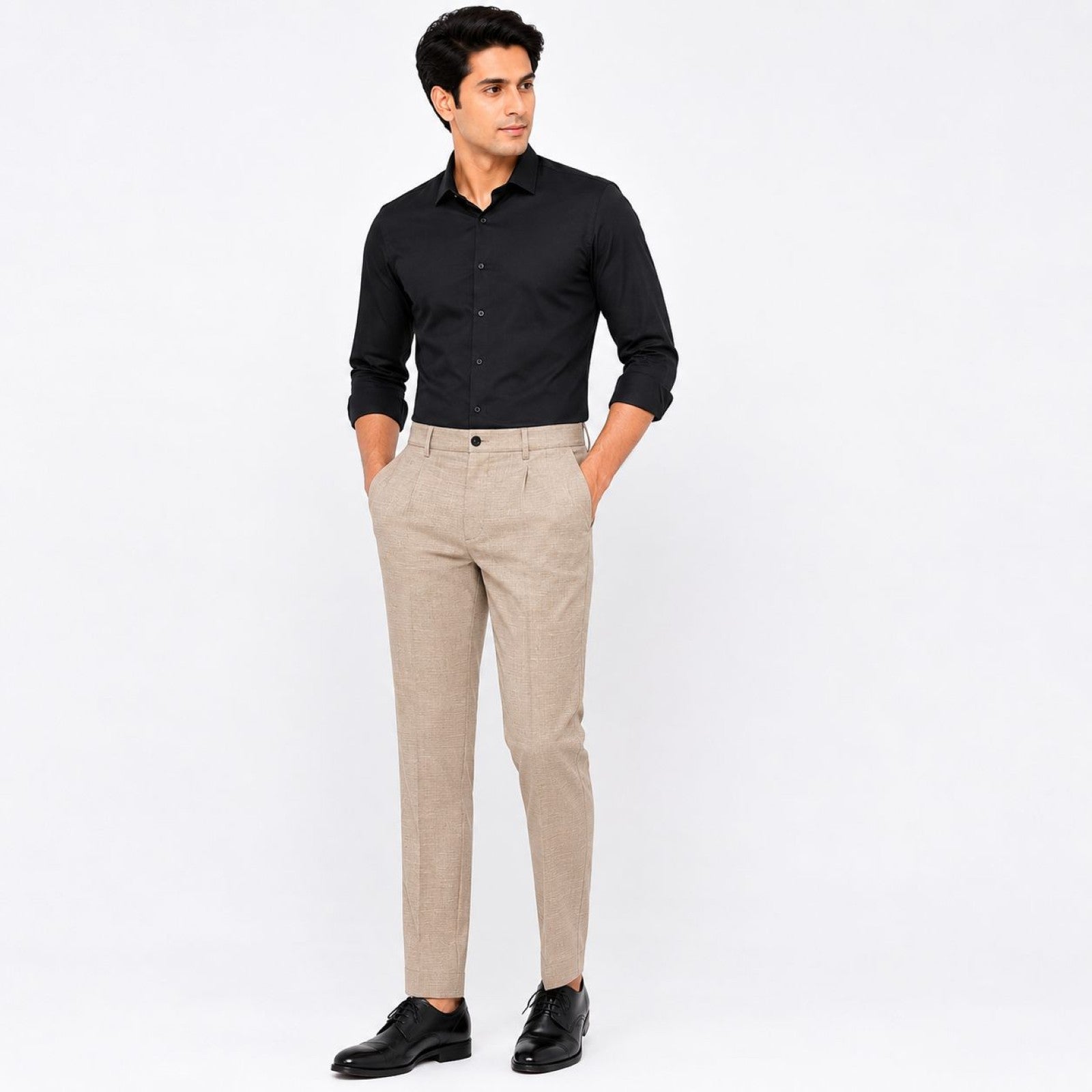 Men's Khaki Tailored Tapered Trousers with Textured Finish-1