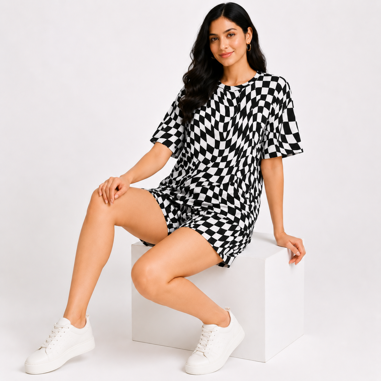 Women's Black & White Optical Check Print Co-Ord Set with Half Sleeve Top & Shorts-3