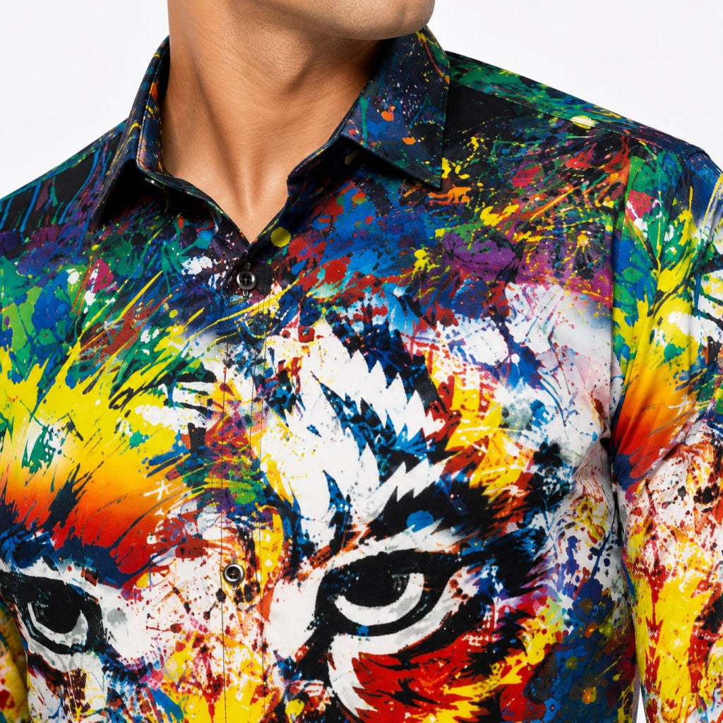 Men's Rainbow Tiger Face Digital Print Shirt | Statement Full Sleeve Party Shirt-2