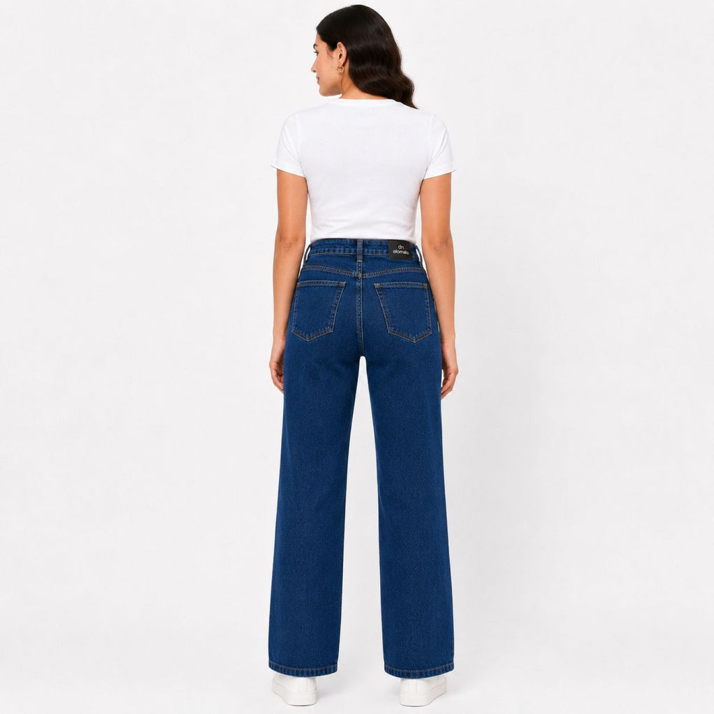 Women's Dark Blue High-Rise Wide Leg Jeans | Solid Stretch Denim Full Length Casual Pants-4