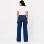 Women's Dark Blue High-Rise Wide Leg Jeans | Solid Stretch Denim Full Length Casual Pants-4