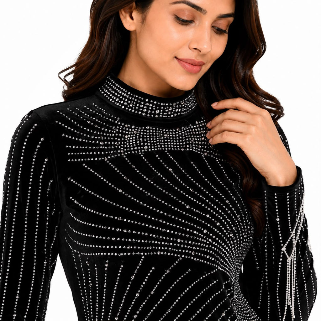 Women’s Black Embellished Mock Neck Full Sleeve Fitted Top-2