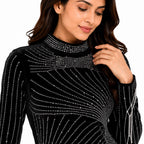 Women’s Black Embellished Mock Neck Full Sleeve Fitted Top-2