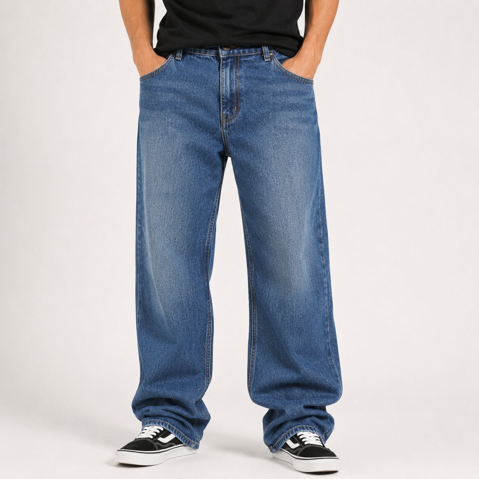Men's Blue Baggy Fit Washed Denim Jeans-3