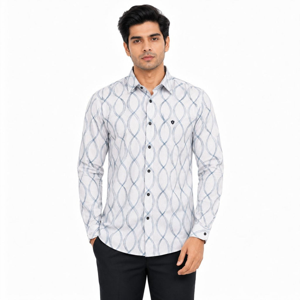 Men's Blue Wave Line Printed Full Sleeve Shirt | Modern Abstract Casual Shirt-1