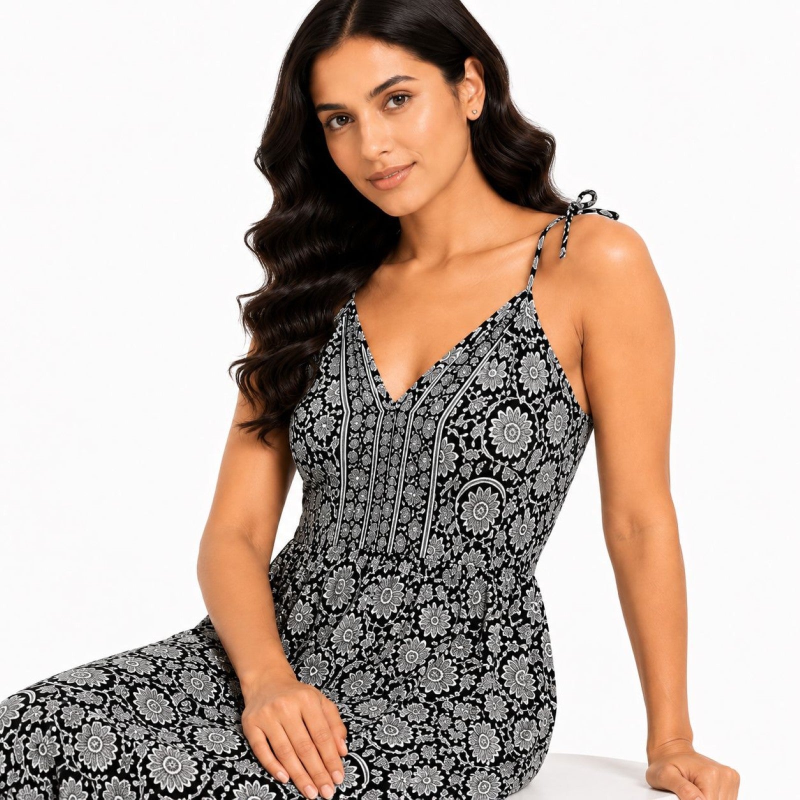 Women's White & Black Printed Sleeveless Midi Dress-2