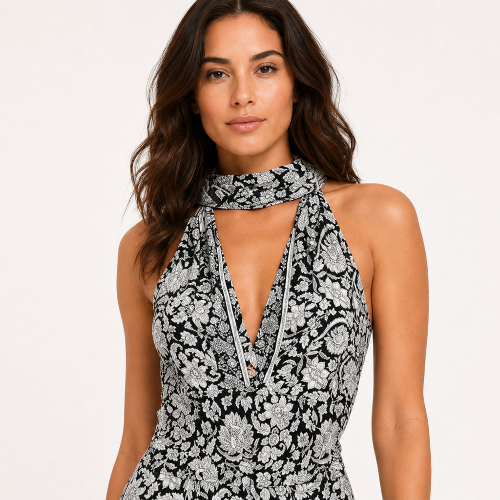 Women's White & Black  Floral Halter Neck Wide Leg Jumpsuit | Elegant Resort Wear Jumpsuit-3