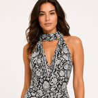 Women's White & Black  Floral Halter Neck Wide Leg Jumpsuit | Elegant Resort Wear Jumpsuit-3