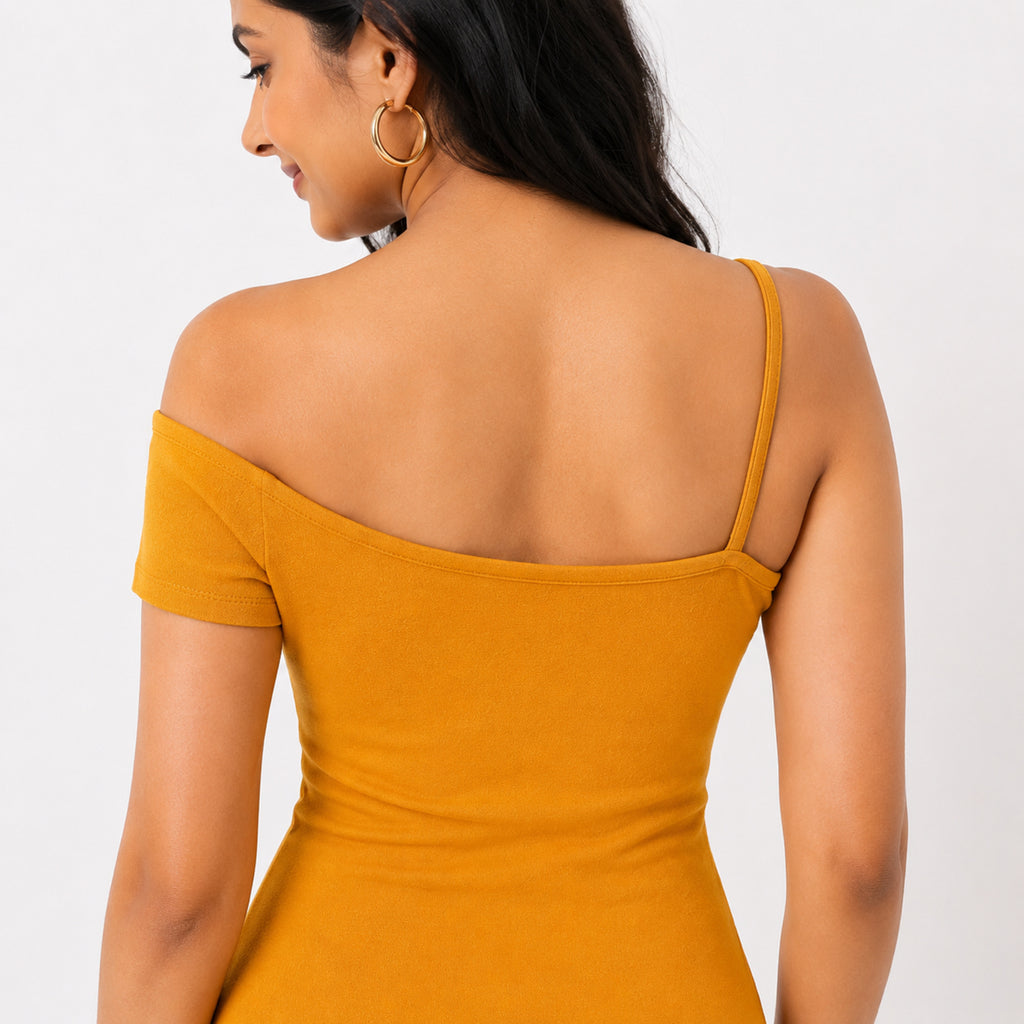 Women's Mustard Asymmetric Neck One-Shoulder Mini Dress | Solid Fitted Party Dress-4