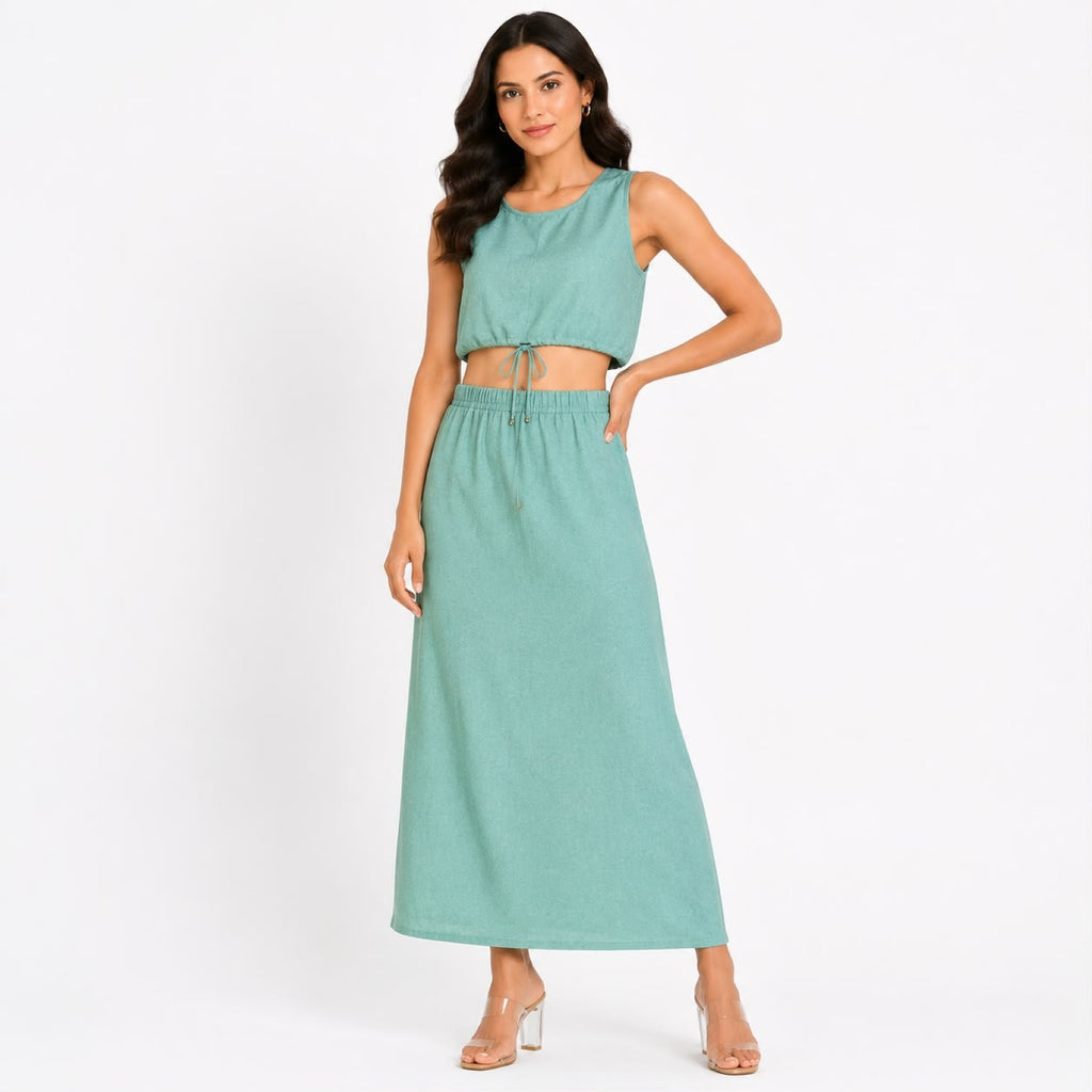 Women's Smoke Sleeveless Drawstring Crop Top and Maxi Skirt Co-Ord Set-1