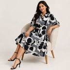 Women's Monochrome Abstract Print Midi Dress-2