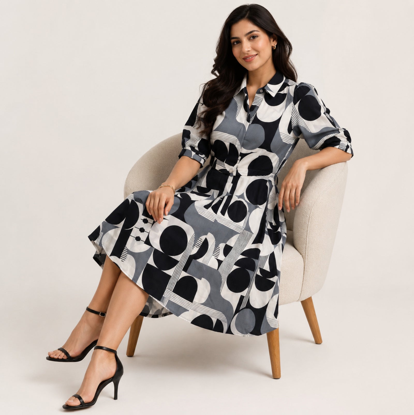 Women's Monochrome Abstract Print Midi Dress-2