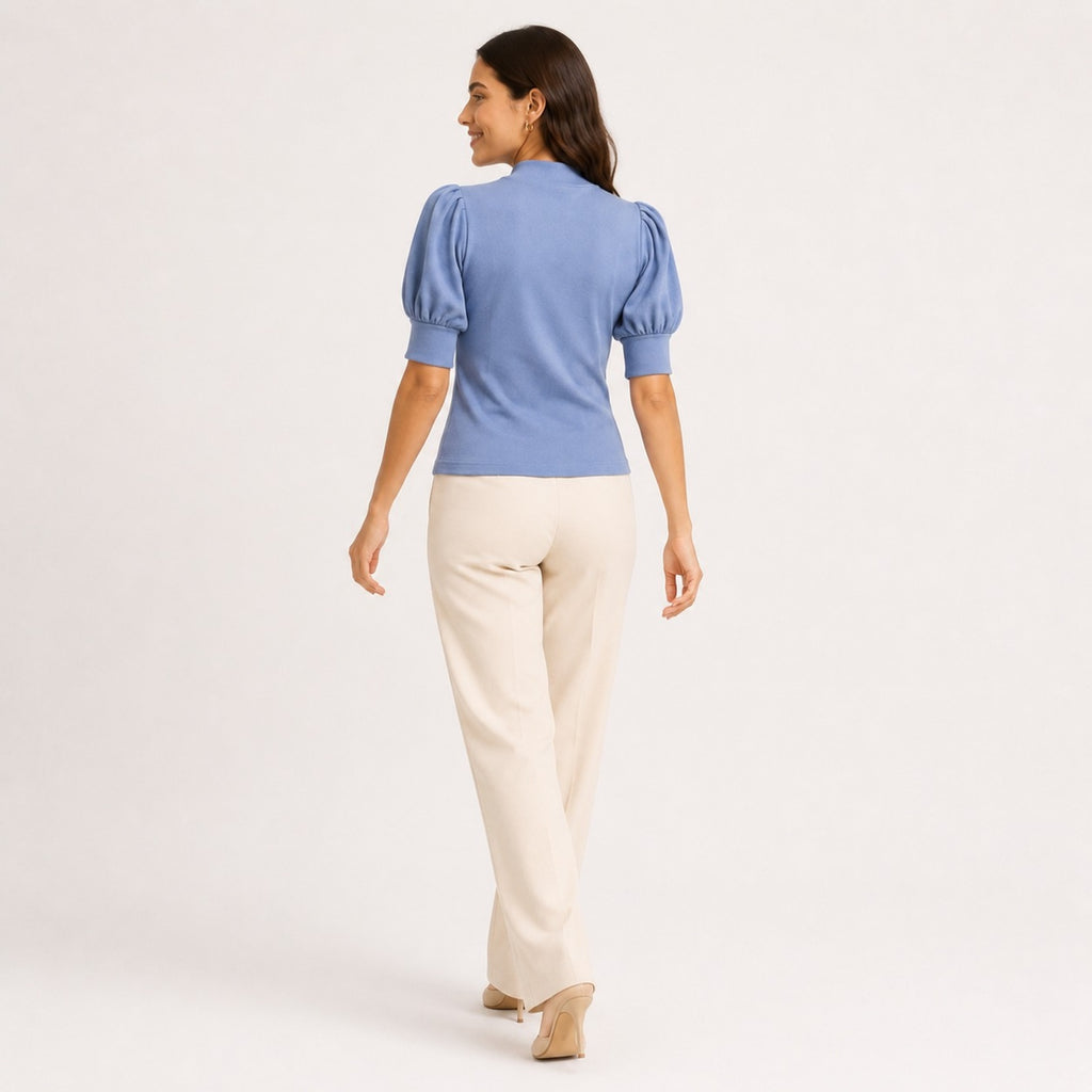 Women's Blue Puff Sleeve High Neck Knit Top-1