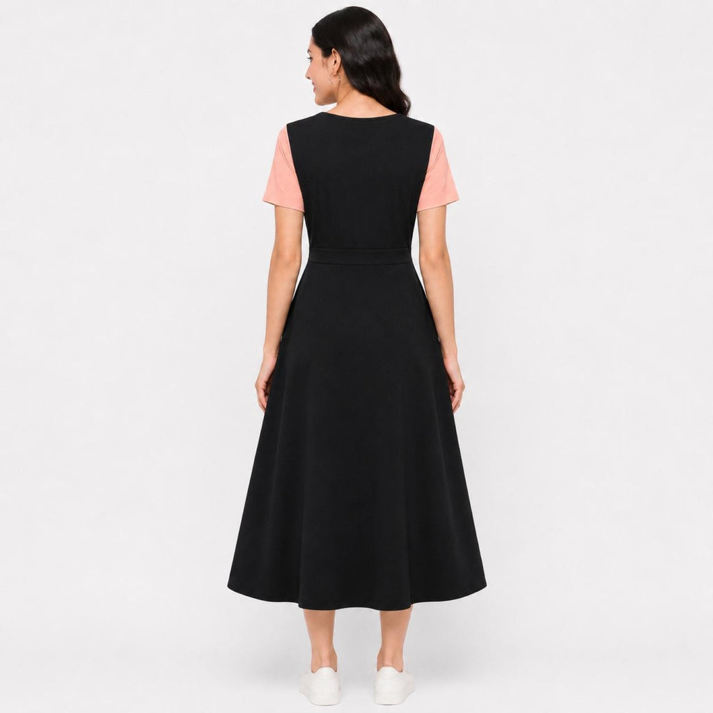 Women's Peach Color Block V-Neck Fit & Flare Midi Dress-1