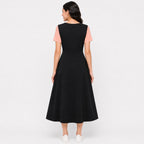 Women's Peach Color Block V-Neck Fit & Flare Midi Dress-1