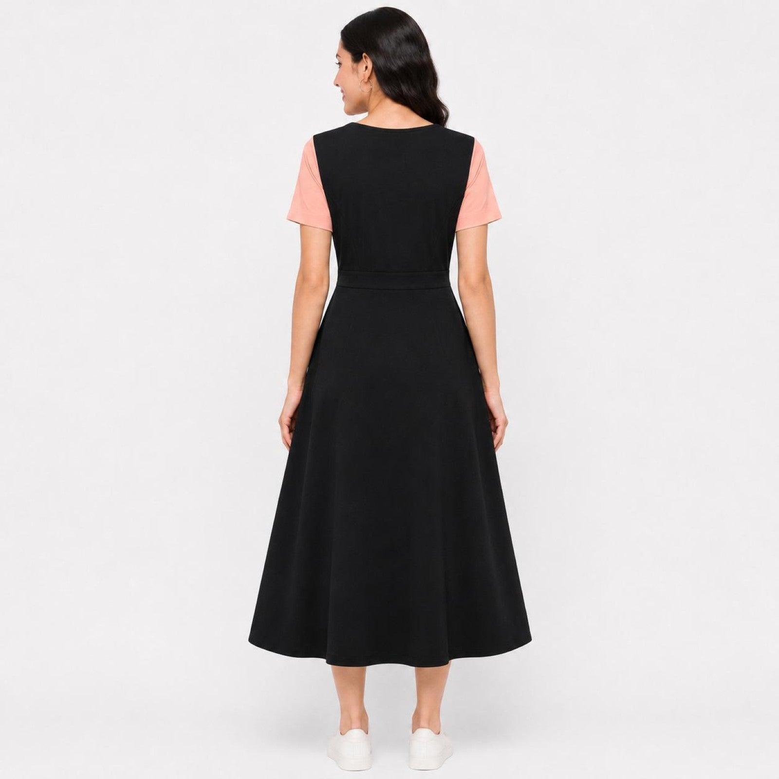 Women's Peach Color Block V-Neck Fit & Flare Midi Dress-1