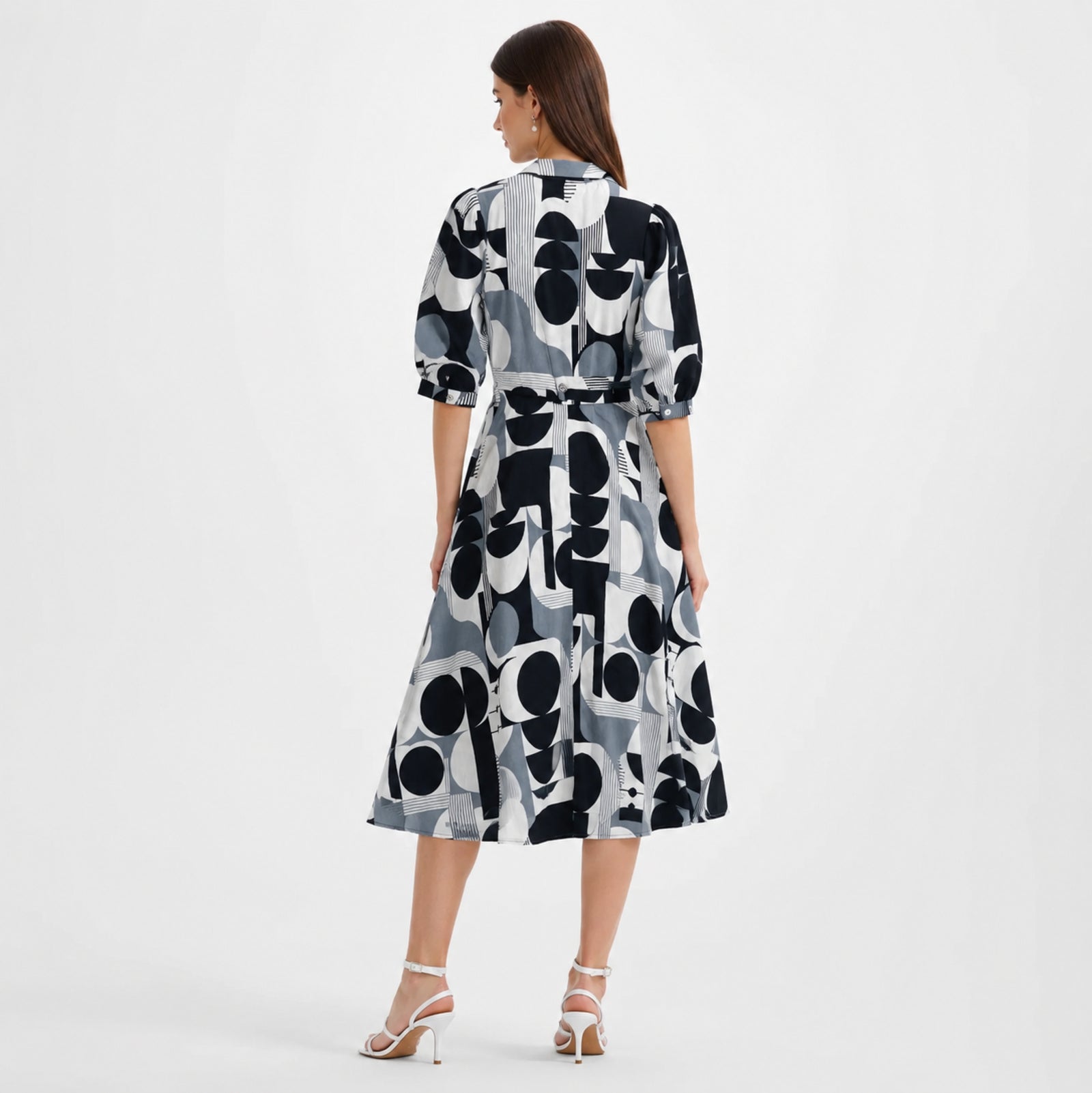 Women's Monochrome Abstract Print Midi Dress-4