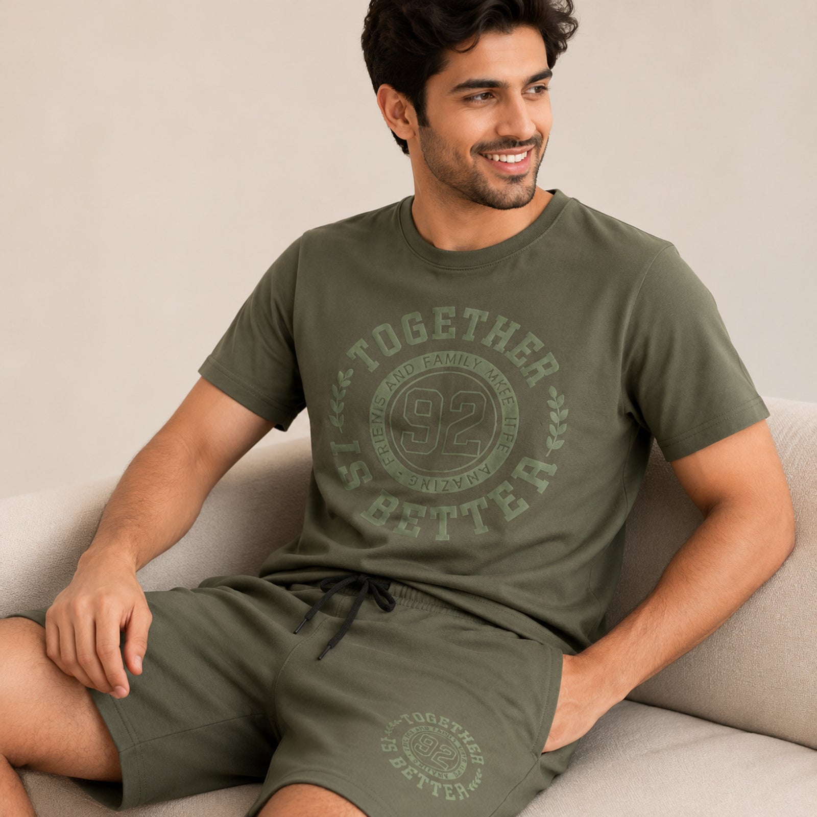 Men's Light Green Typography Varsity Print Performance T-Shirt and Shorts Co-ord Set-1