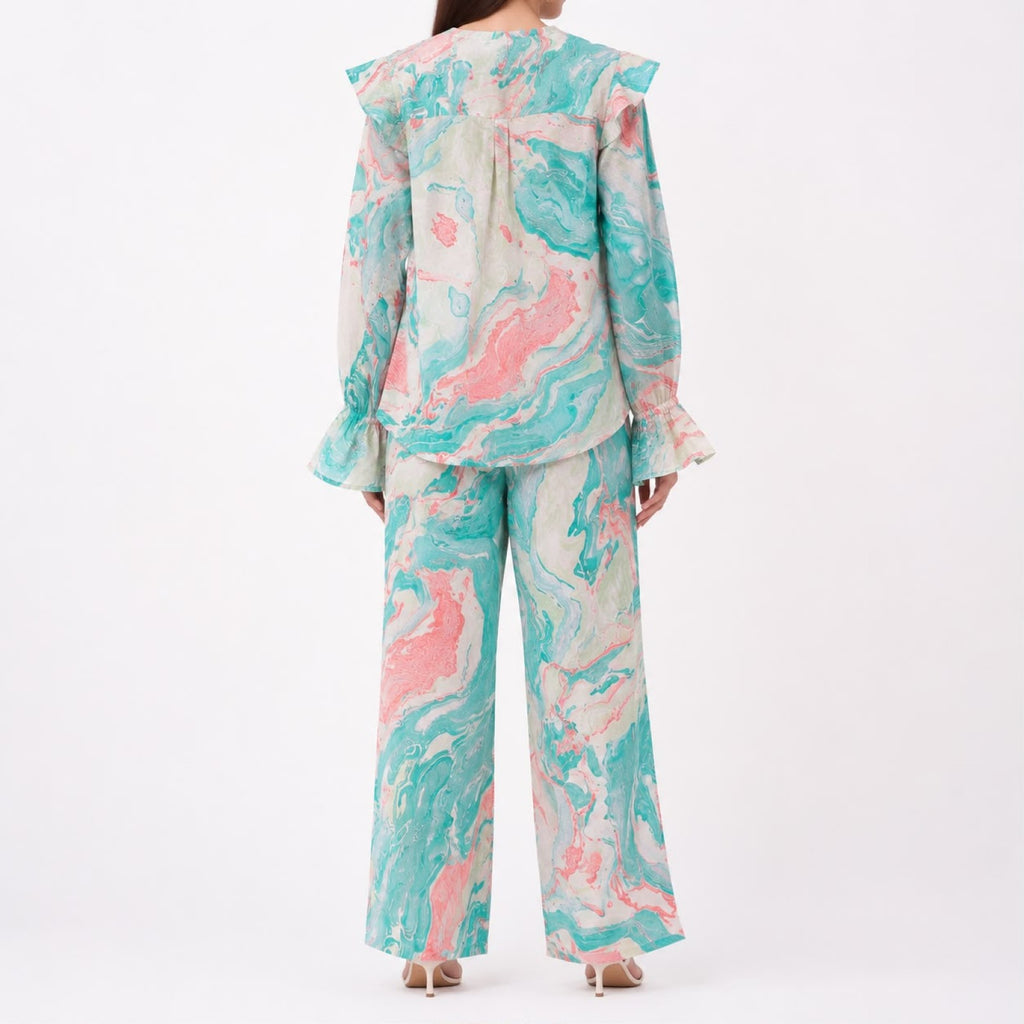 Women's Elegant Marble Print Ruffle Co-Ord Set with Flared Sleeves & Wide Leg Pants-4