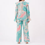Women's Elegant Marble Print Ruffle Co-Ord Set with Flared Sleeves & Wide Leg Pants-4