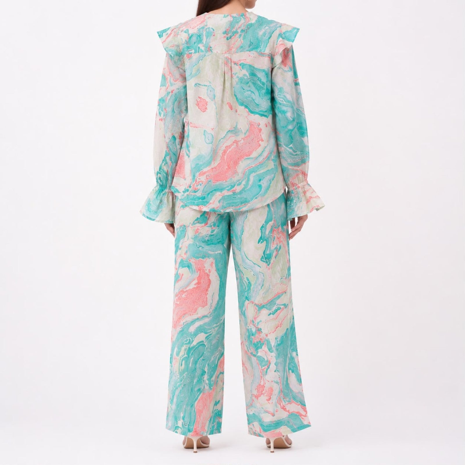 Women's Elegant Marble Print Ruffle Co-Ord Set with Flared Sleeves & Wide Leg Pants-4