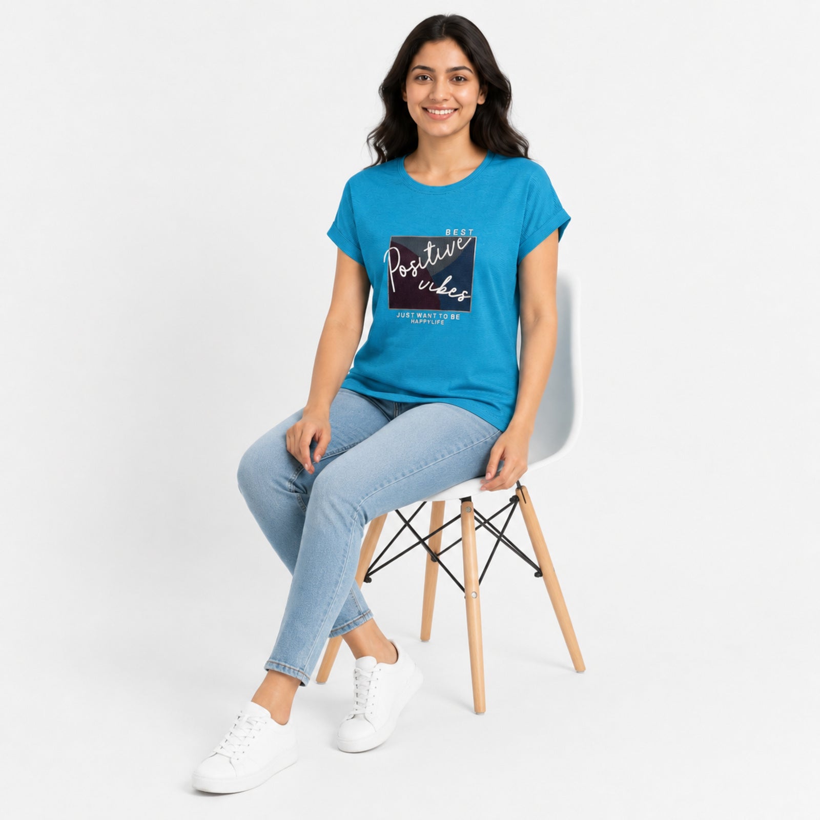 Women's Blue Graphic Printed Casual T-Shirt | Positive Vibes Round Neck Tee-3