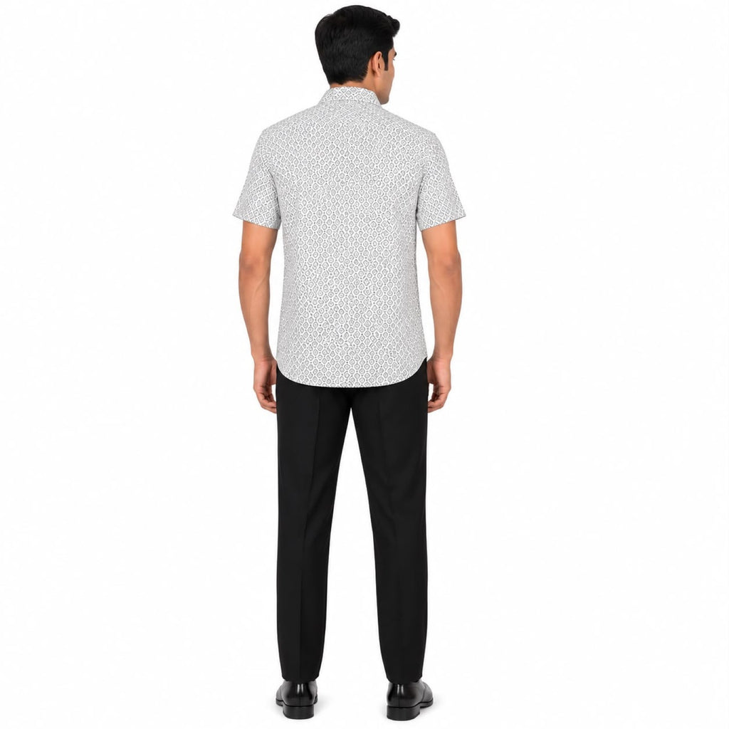 Men's White Geometric Print Half Sleeve Smart Casual Shirt-4
