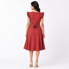 Women's Red Pintuck Ruffle Sleeve Fit and Flare Midi Dress | Button Detail Casual Day Dress-4