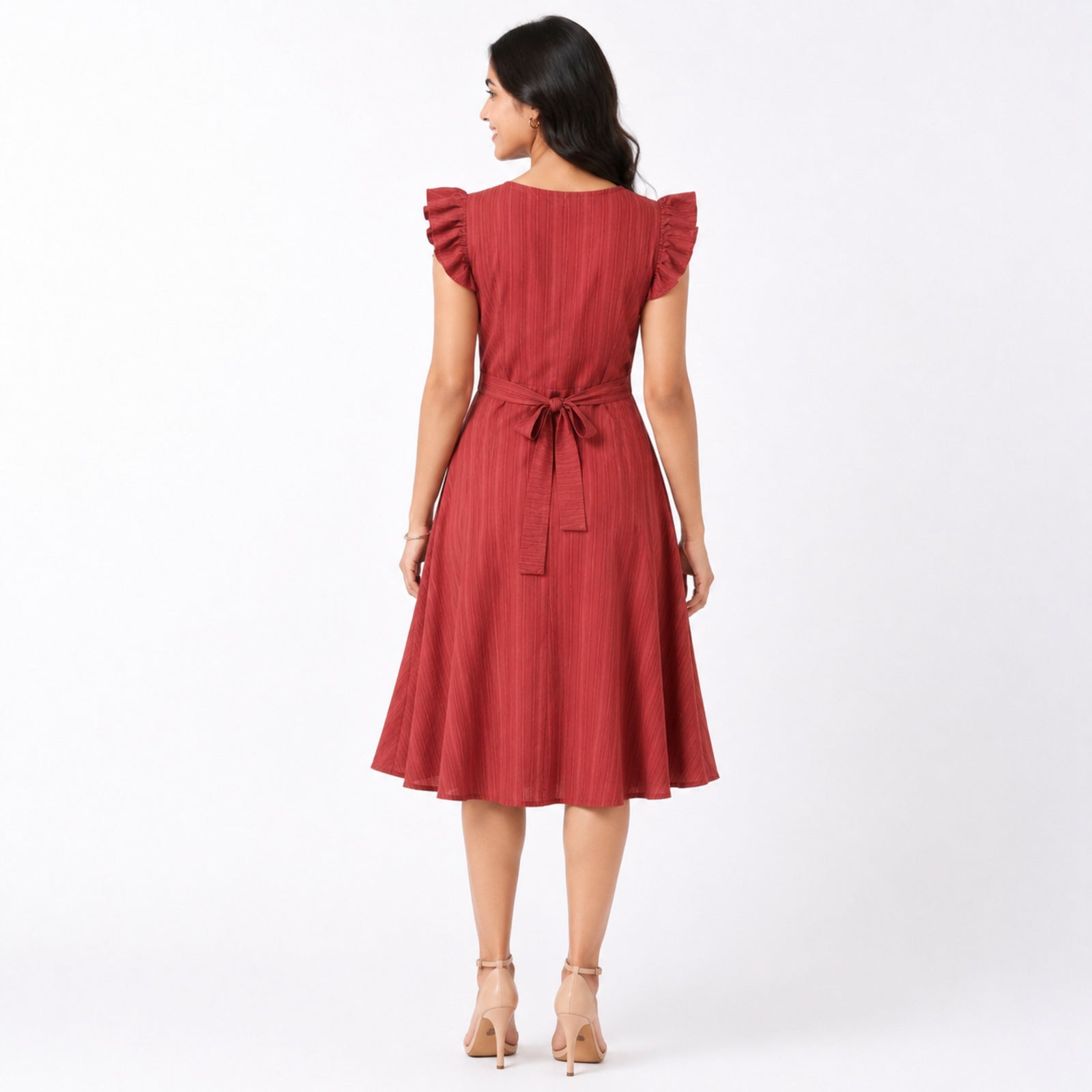Women's Red Pintuck Ruffle Sleeve Fit and Flare Midi Dress | Button Detail Casual Day Dress-4