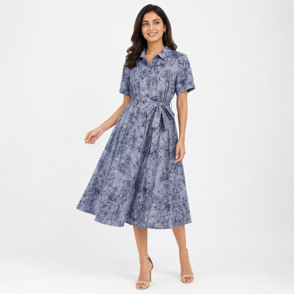 Women's Chic Botanical Print Collared Flare Shirt Dress-1