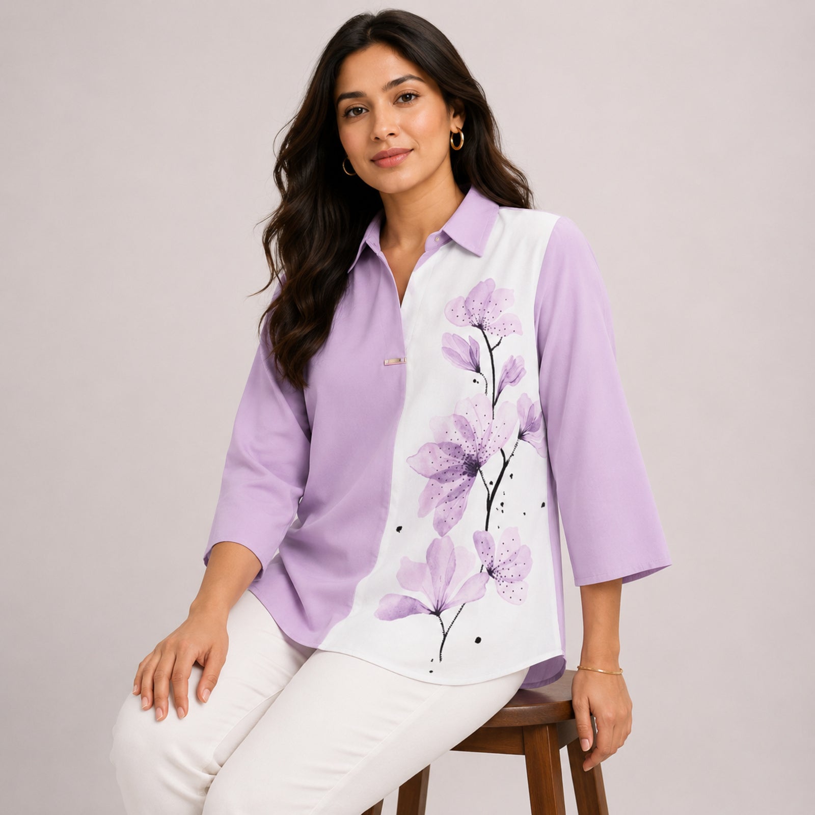 Women's Avant-Garde Lavender Lilac Watercolor Floral Print Asymmetric Tunic Shirt-1